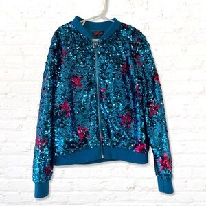 JoJo’s Closet Girls Sequin Bomber Jacket Size 7/8 Flippy Blue Pink Star Sequins